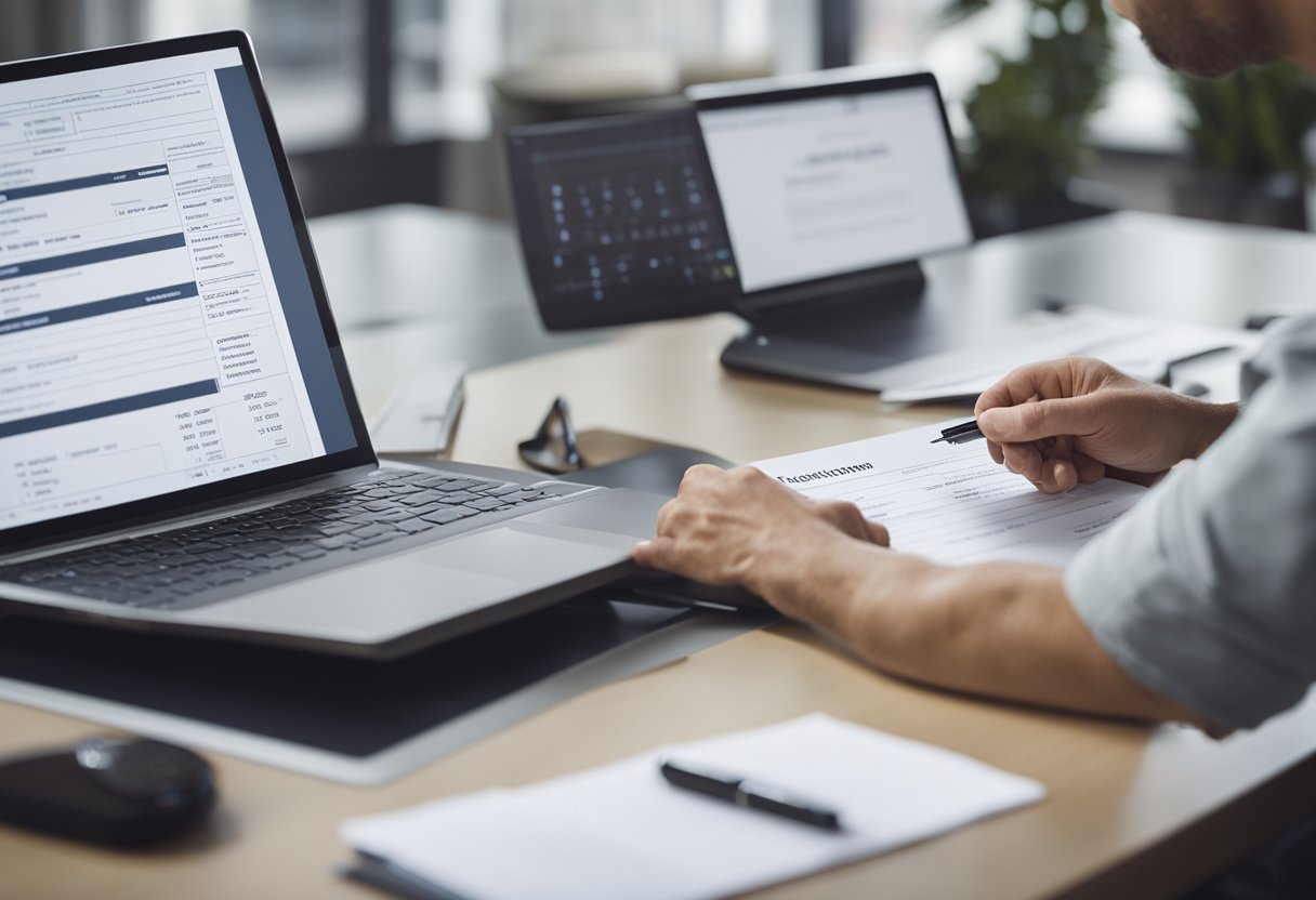 A person filling out a 1099 tax form at a desk with a computer and paperwork