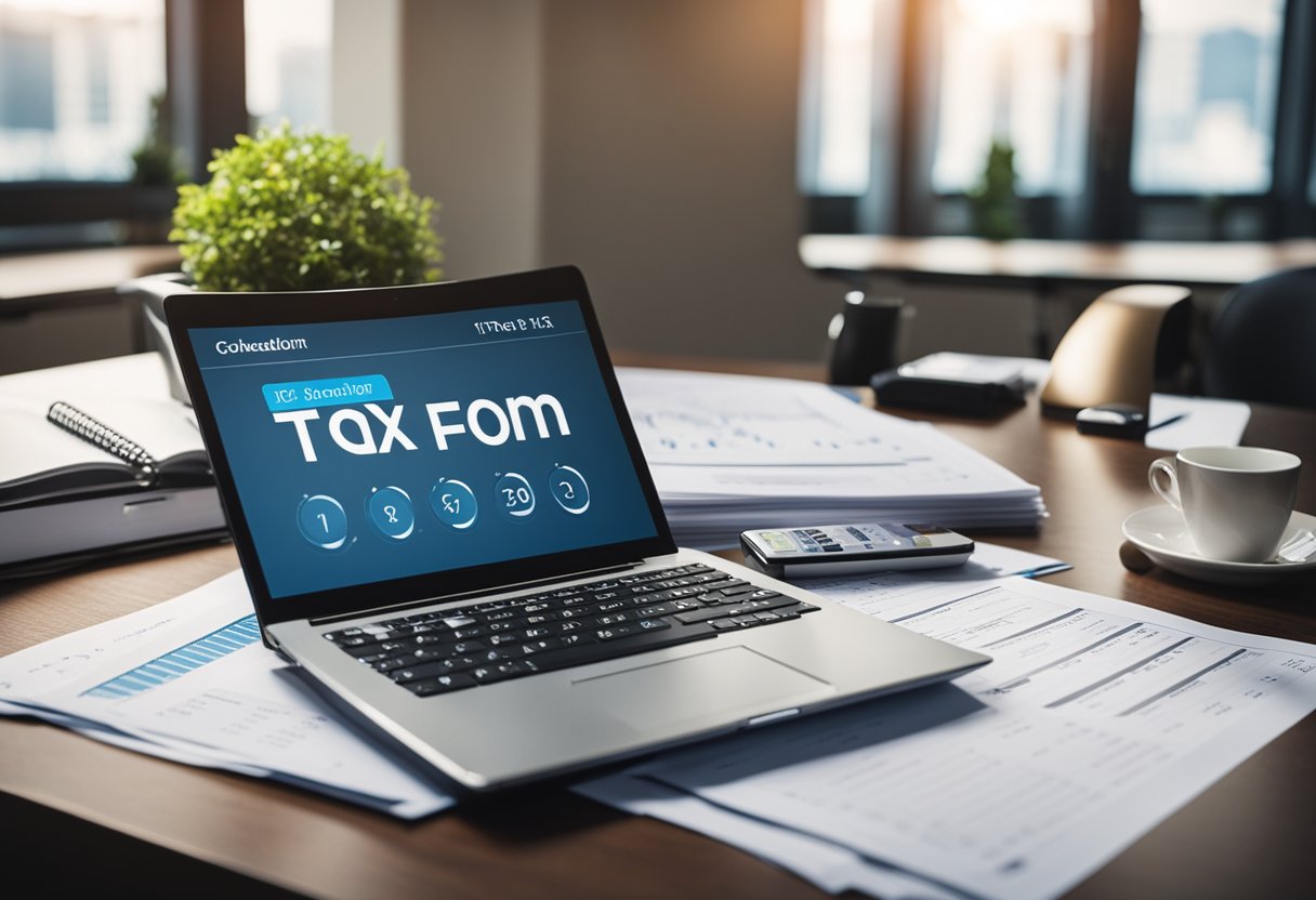 A laptop, calculator, and tax forms on a desk, with a calendar and clock in the background