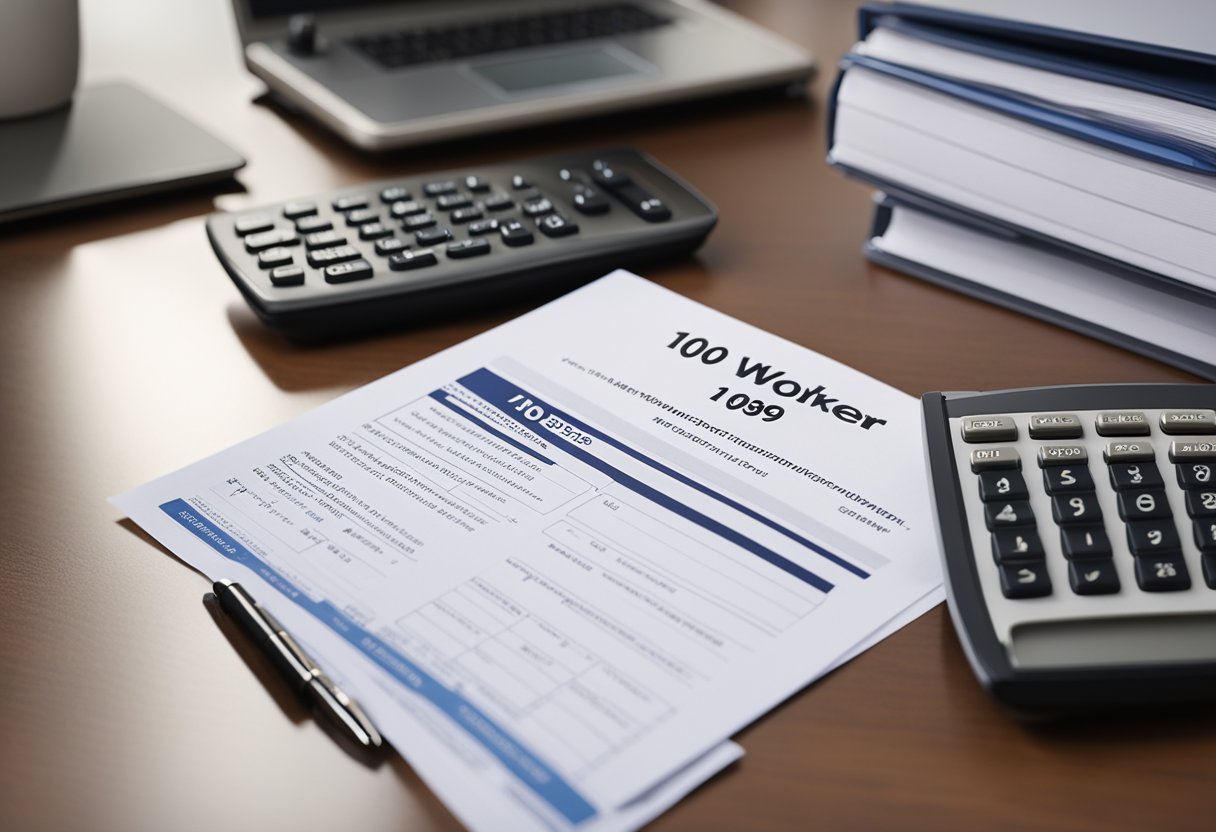 A stack of legal documents labeled "1099 worker" on a desk, with a computer and calculator nearby