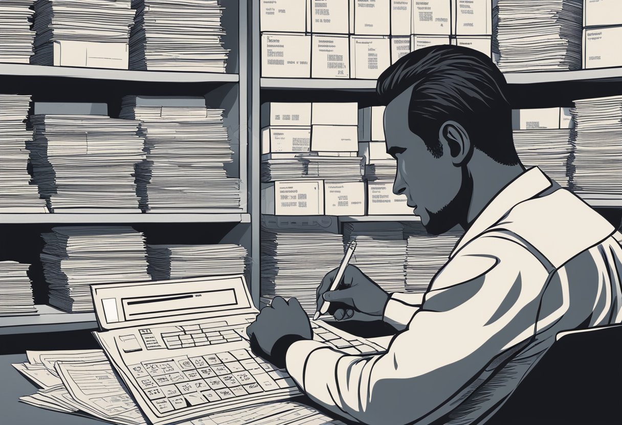 A 1099 worker sits at a desk, surrounded by tax forms and a calculator. They are focused on filling out the forms, with a look of concentration on their face