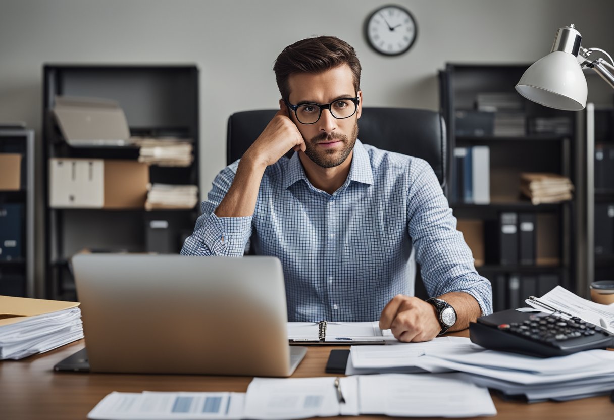 A 1099 worker sits at a cluttered desk, surrounded by paperwork and a laptop. They appear focused but stressed, balancing the freedom of flexible hours with the burden of managing their own taxes and benefits