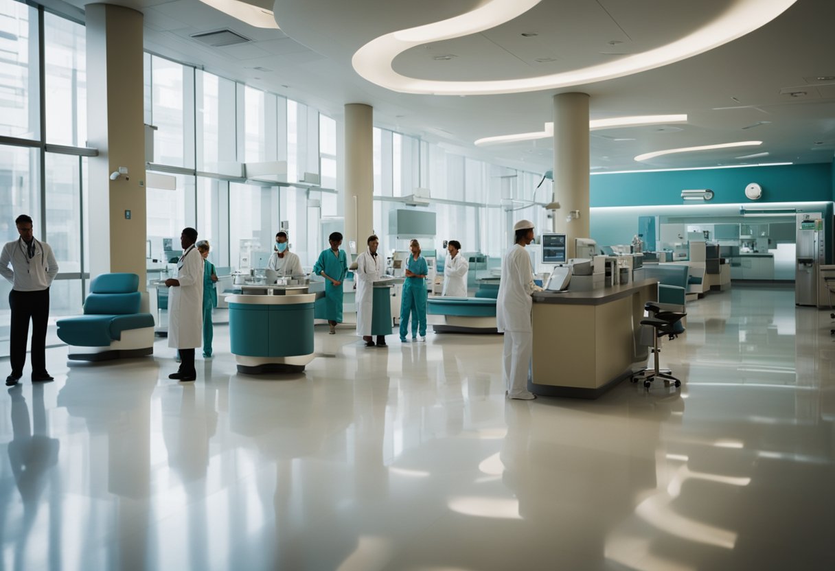 A bustling hospital lobby with doctors and nurses attending to patients. An array of medical equipment and charts line the walls