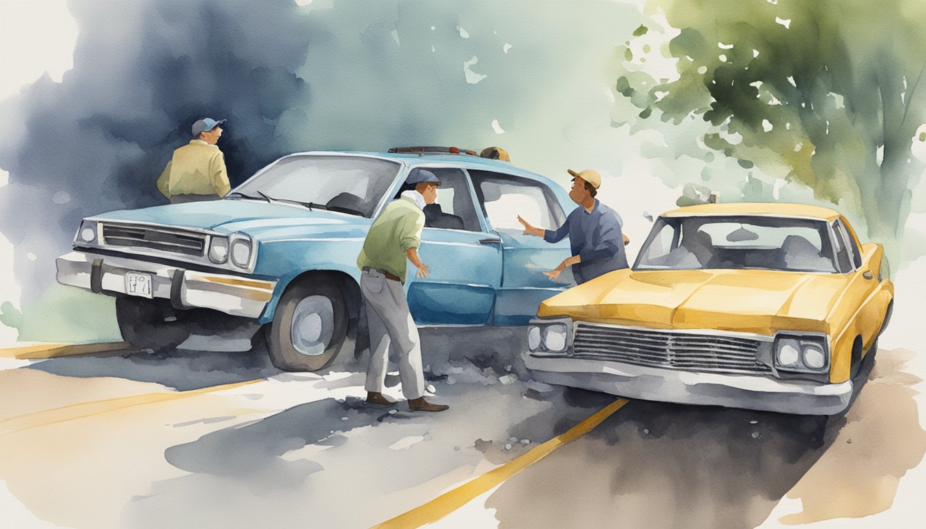 A car accident with two vehicles, one clearly labeled as uninsured.</p><p>The driver of the uninsured car looks distressed while the other driver is gesturing towards their damaged vehicle