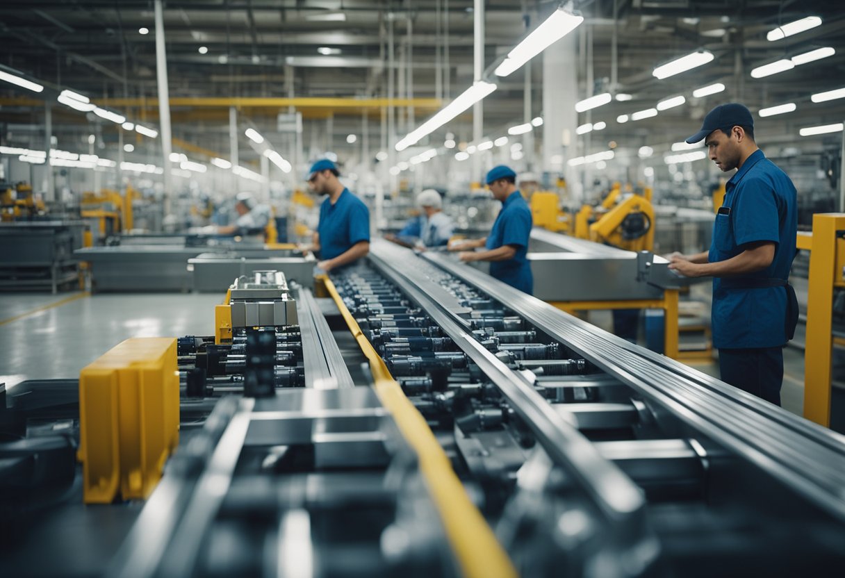 A bustling factory floor with workers assembling products. Conveyor belts and machinery in motion, with "Made in USA" signs prominently displayed