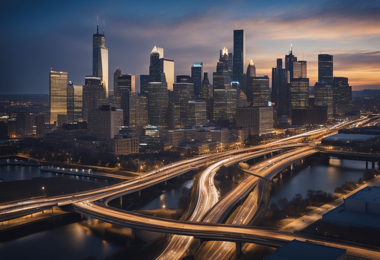 A bustling city skyline with factories and office buildings, surrounded by highways and bustling with activity, symbolizing the economic impact of job creation in the USA