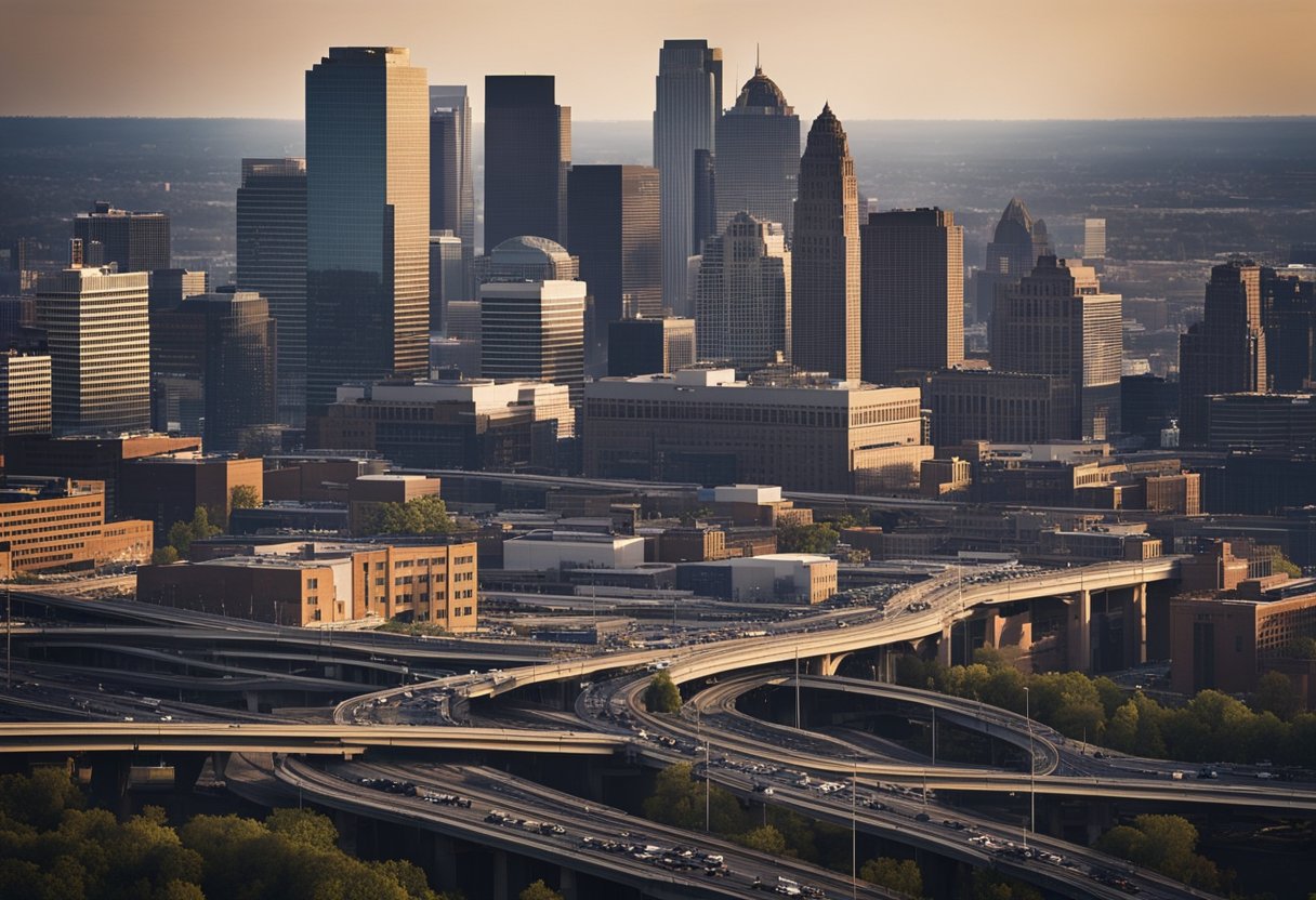 A bustling city skyline with factories and office buildings, surrounded by highways and transportation infrastructure, symbolizing challenges and solutions for job growth in the USA