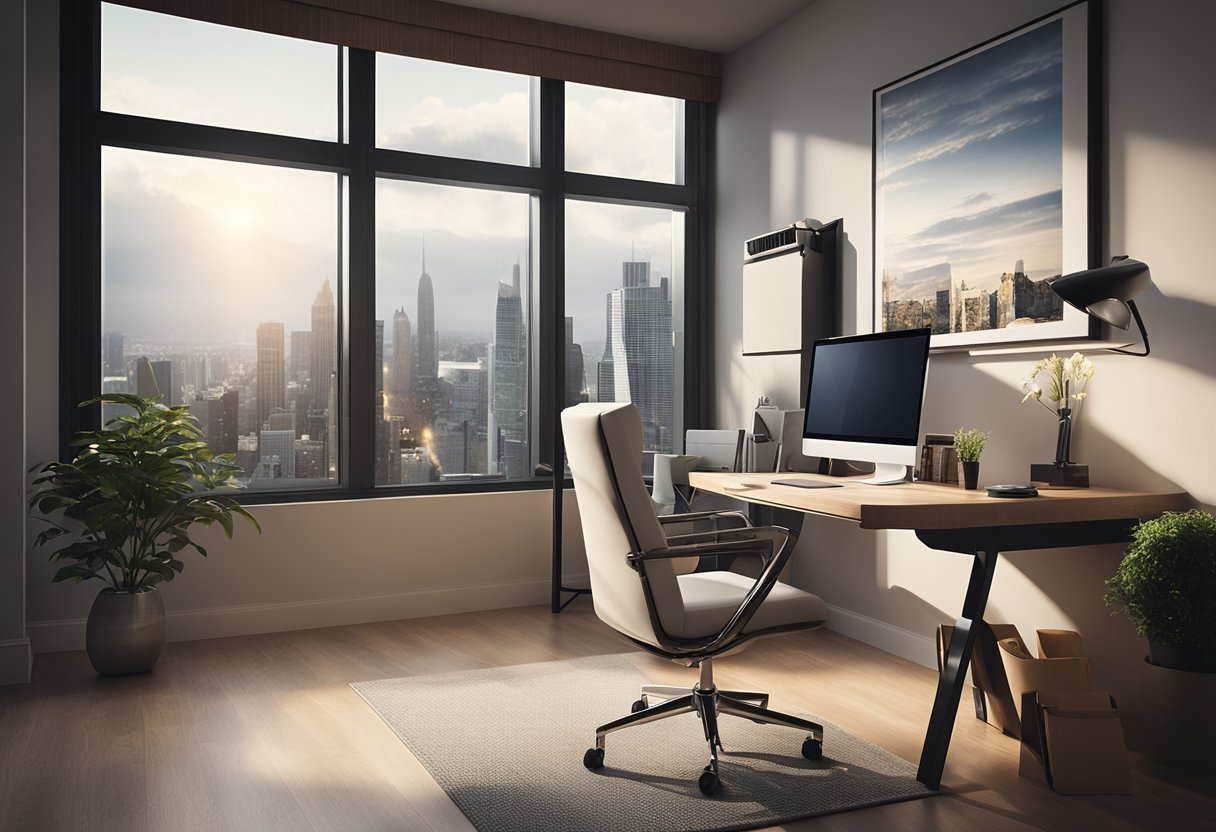 A home office with a computer, desk, and chair. A calendar on the wall. A phone and notebook on the desk. A window with a view