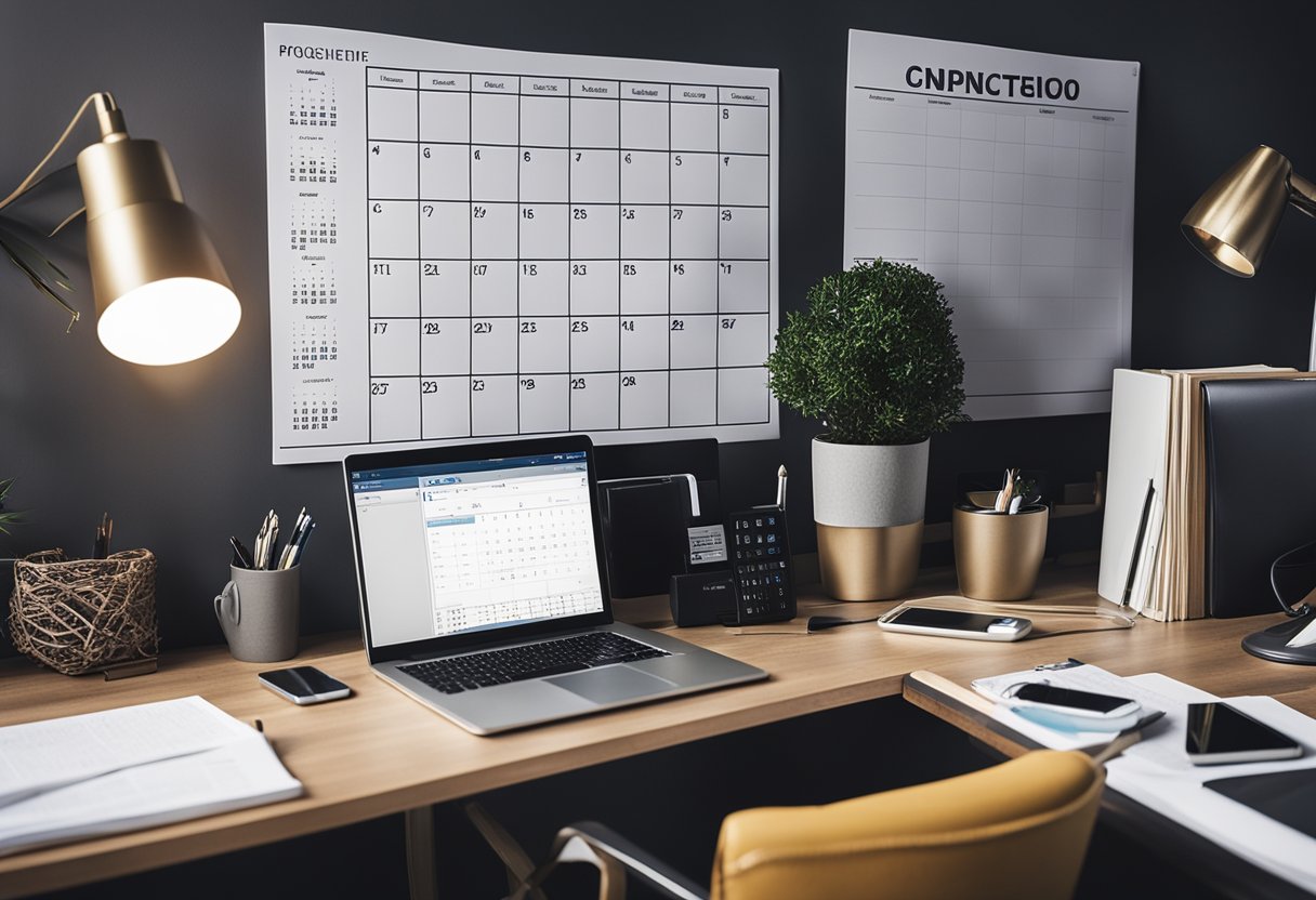 A bustling home office with a computer, phone, and desk organizer. A calendar on the wall and a stack of papers suggest a busy work environment