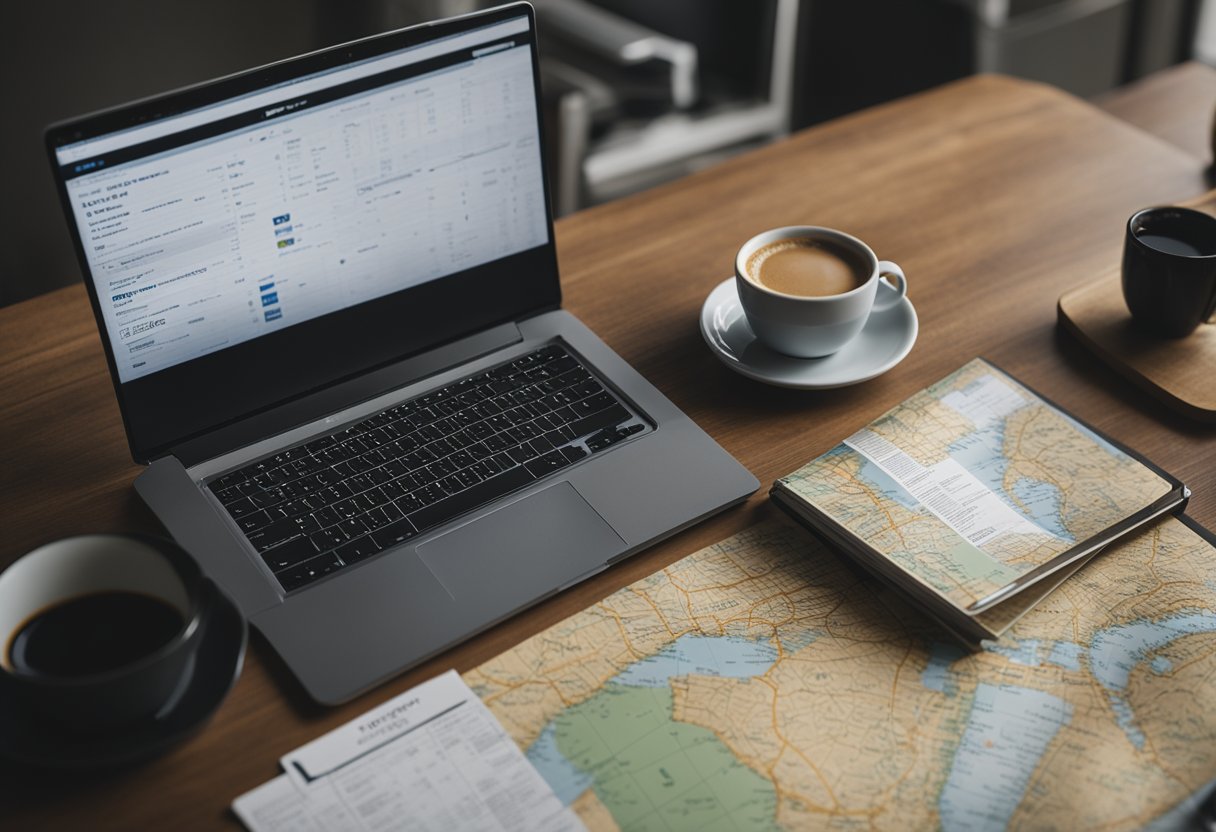 A laptop on a desk with a map of the USA in the background. A stack of job listings and a cup of coffee sit nearby