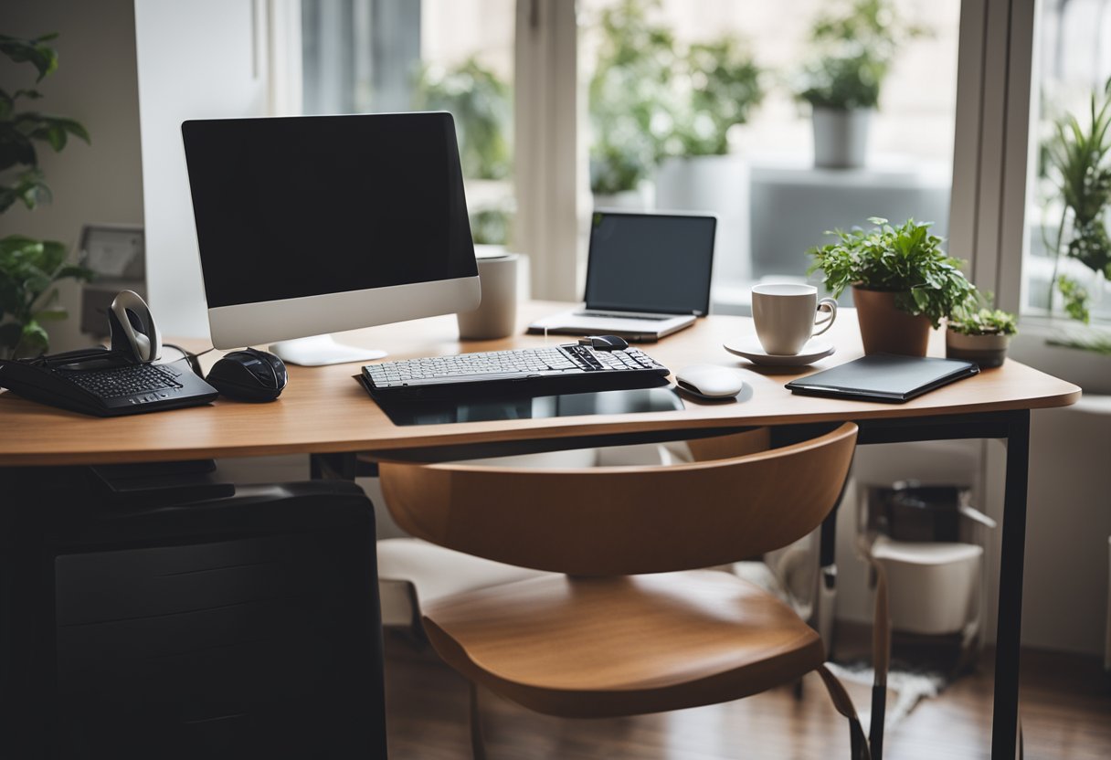 A desk with a computer, phone, and paperwork. A cozy home office setup with a window and a cup of coffee