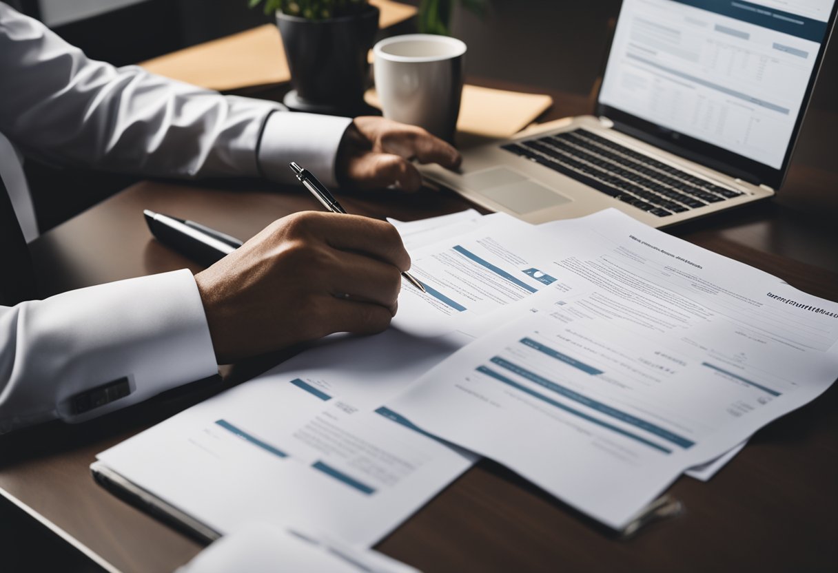 A person signing a contract while sitting at a desk with a laptop and financial documents spread out in front of them