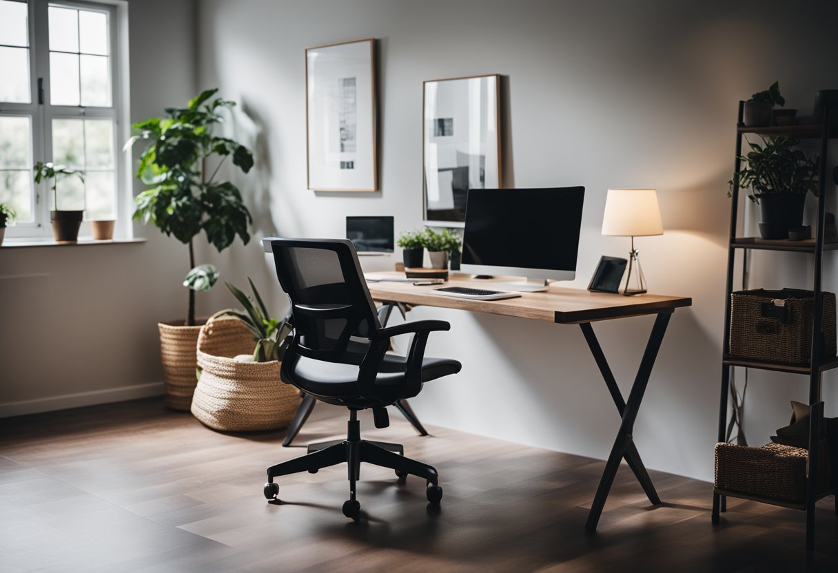 A home office with a computer, desk, and chair. A person researching work-from-home opportunities online