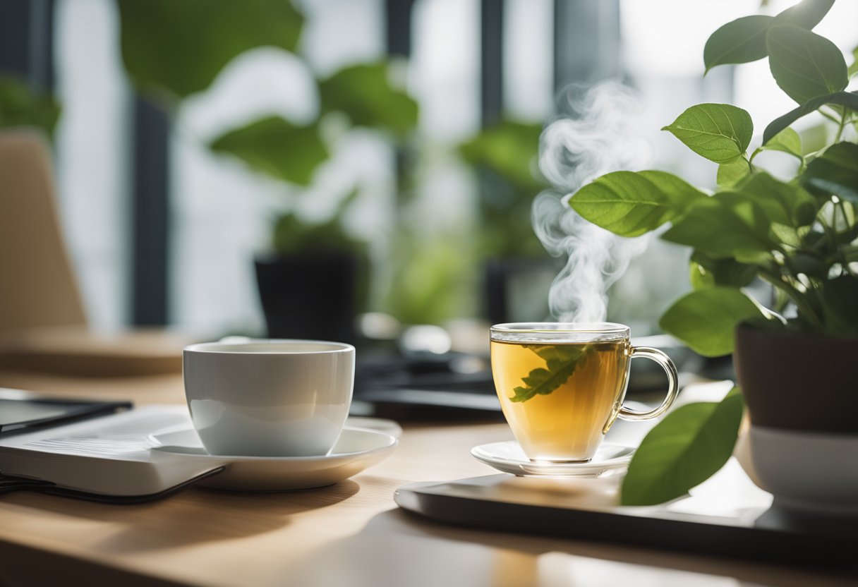A desk with a diffuser emitting a soft, calming scent. A cozy, organized workspace with natural light and greenery. A cup of herbal tea steaming nearby