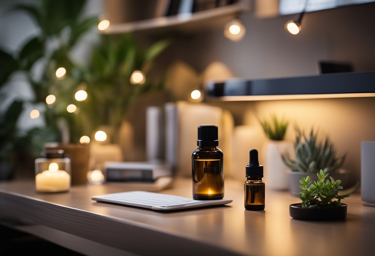 A desk with a diffuser emitting a soft, warm glow. Surrounding the desk are shelves filled with essential oils and plants. The room is filled with a calming and inviting atmosphere