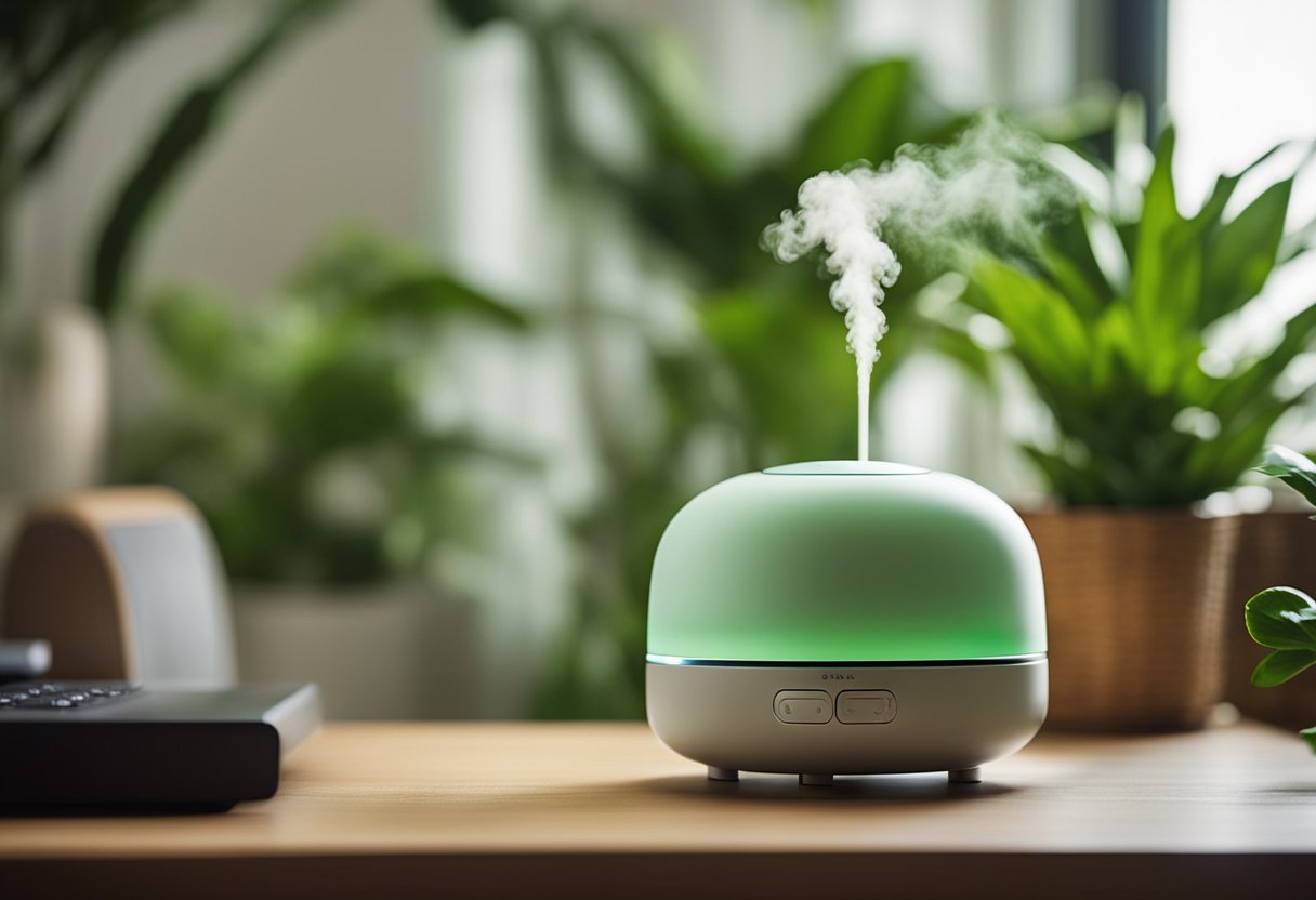 Aromatherapy diffuser releasing scented mist in a home office with calming decor, soft lighting, and green plants