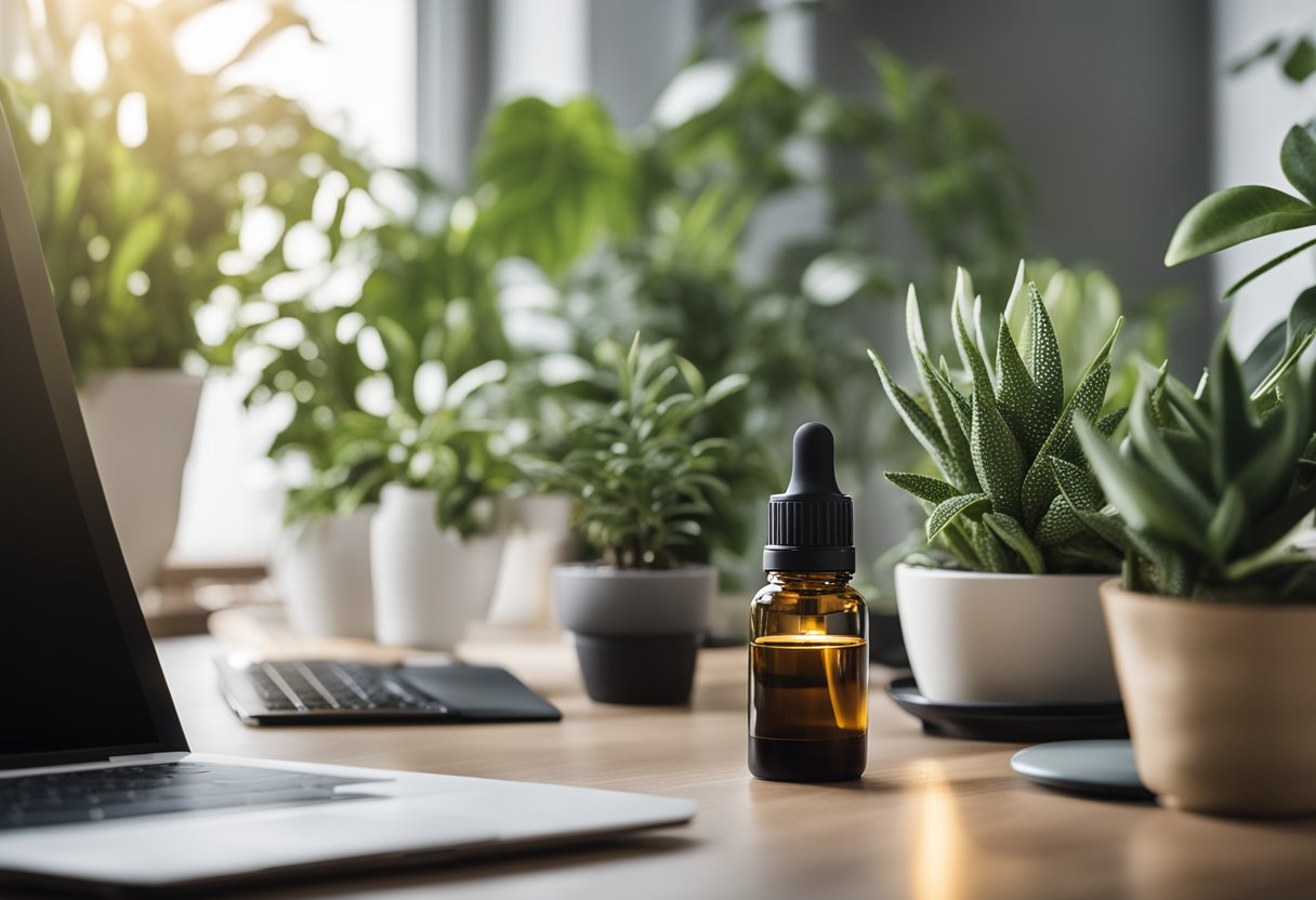 A modern home office with essential oil diffuser, plants, and natural light. Aromatherapy products and calming scents create a peaceful and focused work environment