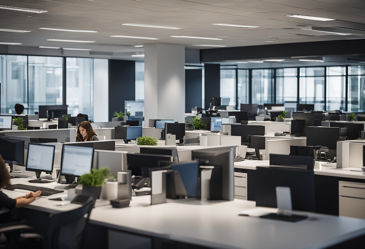 Employees work at desks in a modern office setting with computers, phones, and paperwork. The space is well-lit and organized, with a professional atmosphere