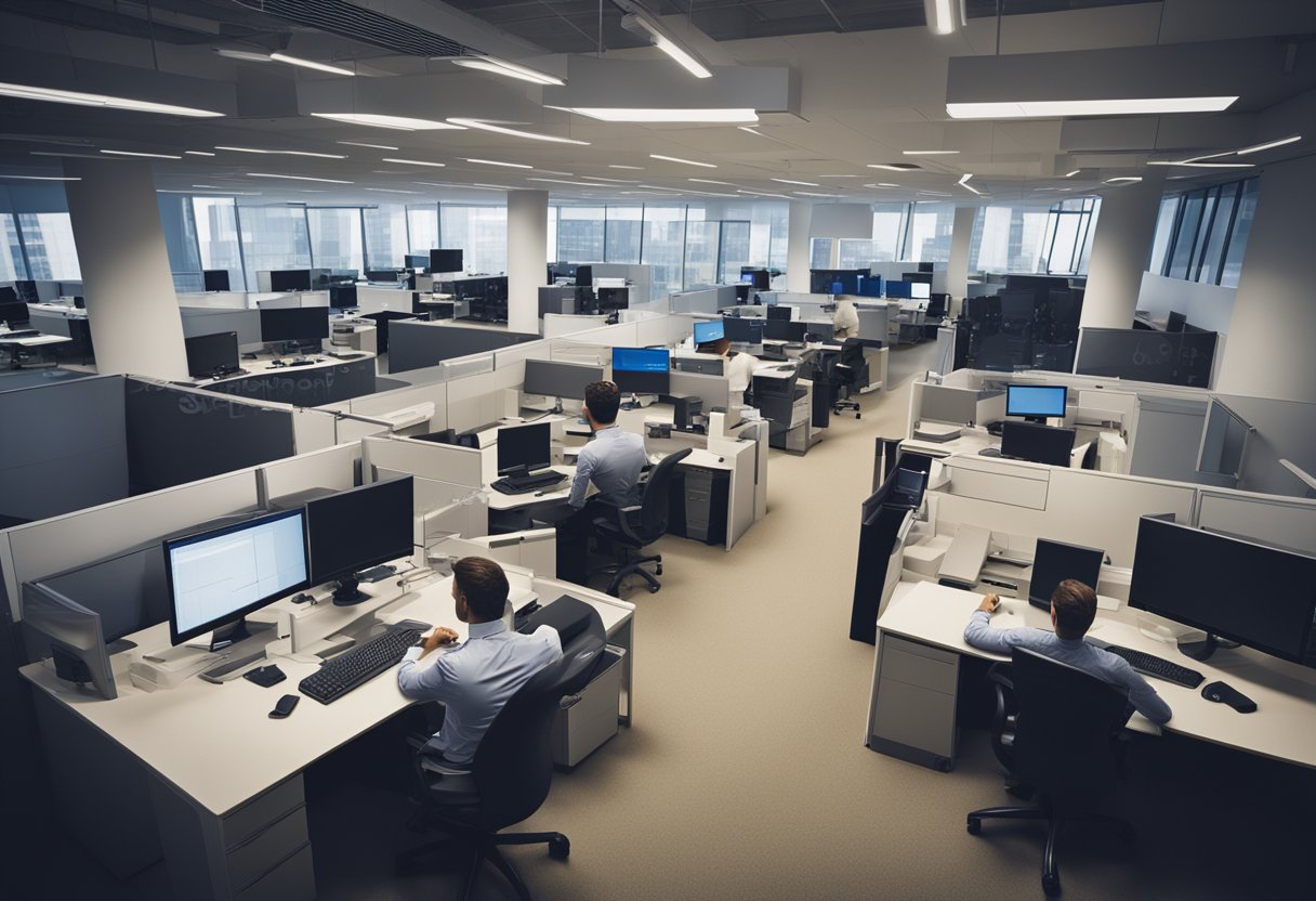 Employees working at desks, using computers and phones. Some are in meetings, others are typing reports. The office is busy and productive