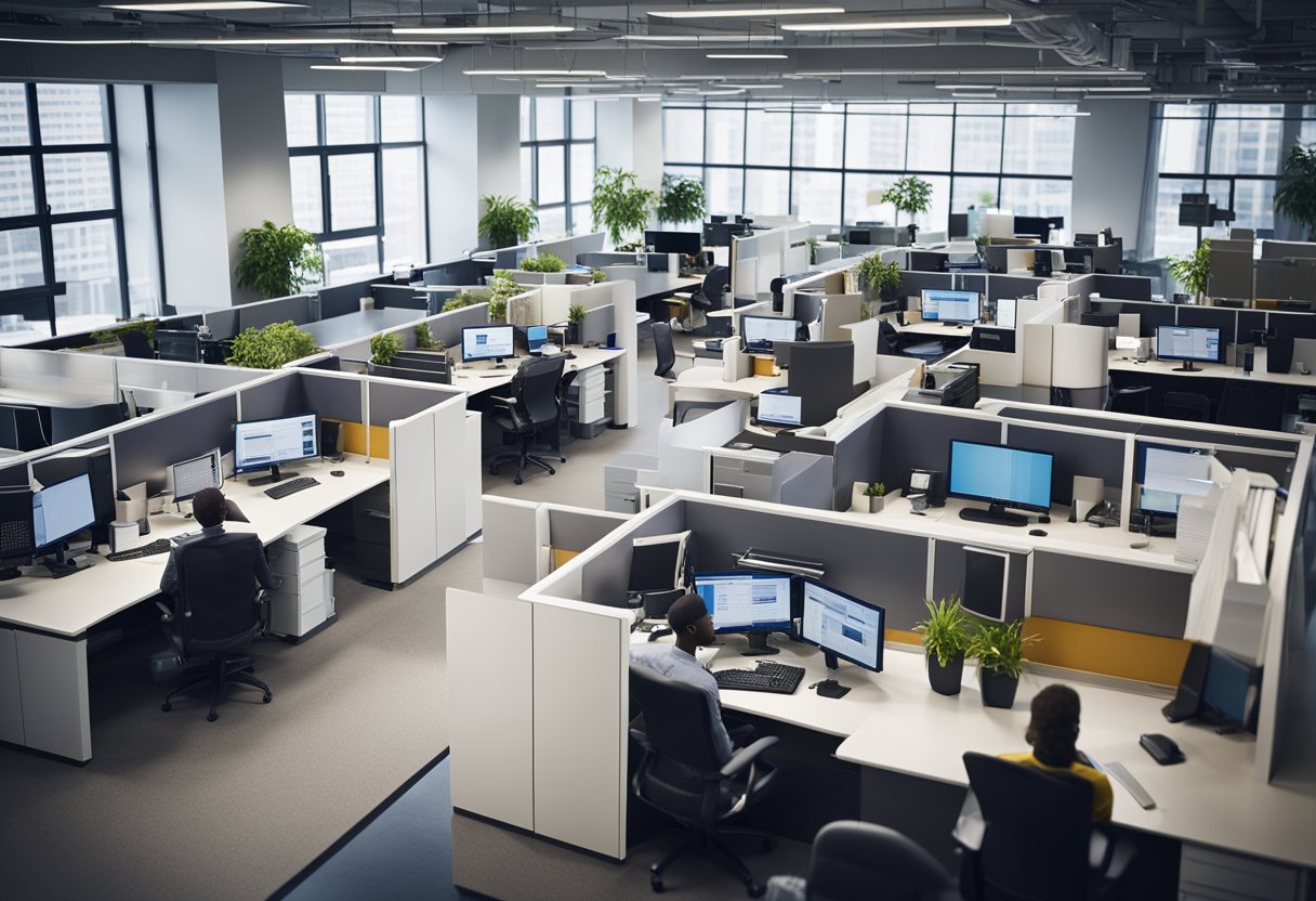 A bustling office with diverse workers, computers, and paperwork. Trendy decor and open floor plan reflect modern job market trends in the USA