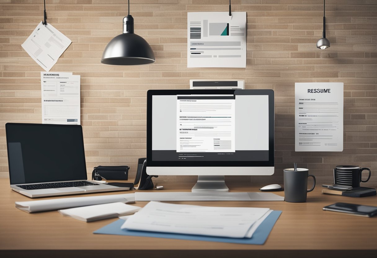 A cluttered desk with a laptop, resume, and job application forms. A "Now Hiring" sign on the wall