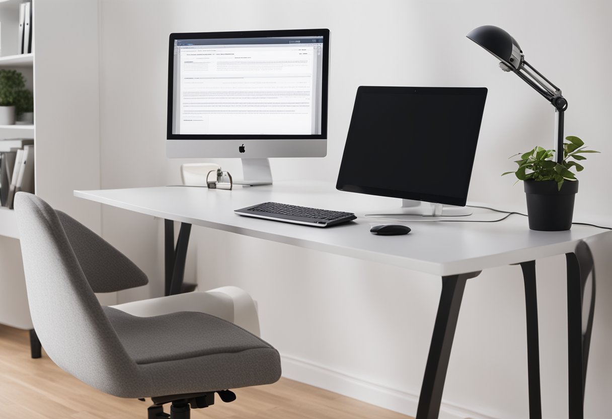 An office desk with a laptop, notebook, and pen. A suit hanging on a chair. A motivational poster on the wall