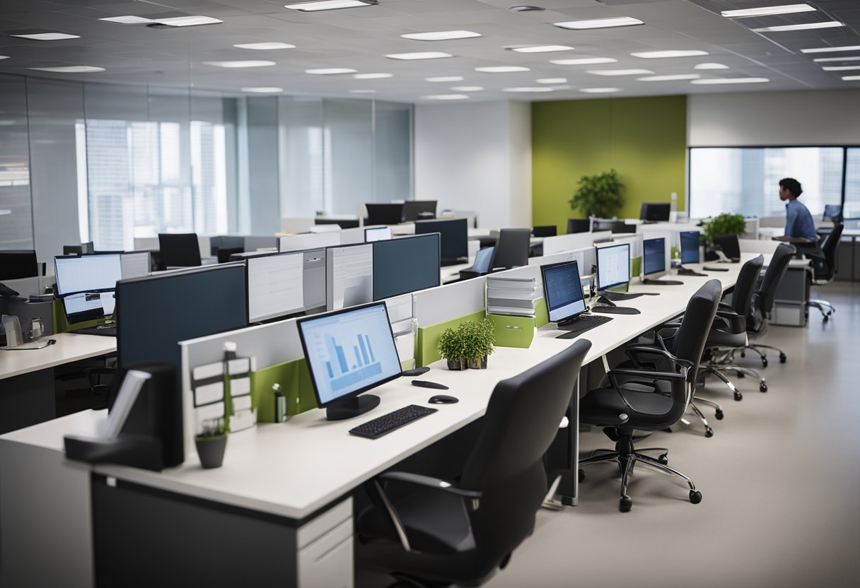 Office desks, computers, and files in a modern workspace. A whiteboard with career development plans. People in business attire collaborating