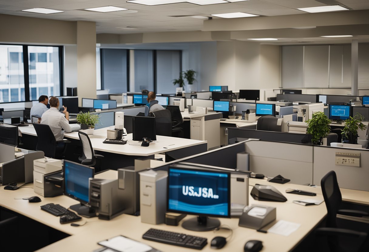 A busy office with people at desks, phones ringing, and computers in use. A sign on the wall reads "Frequently Asked Questions USA Office Jobs."