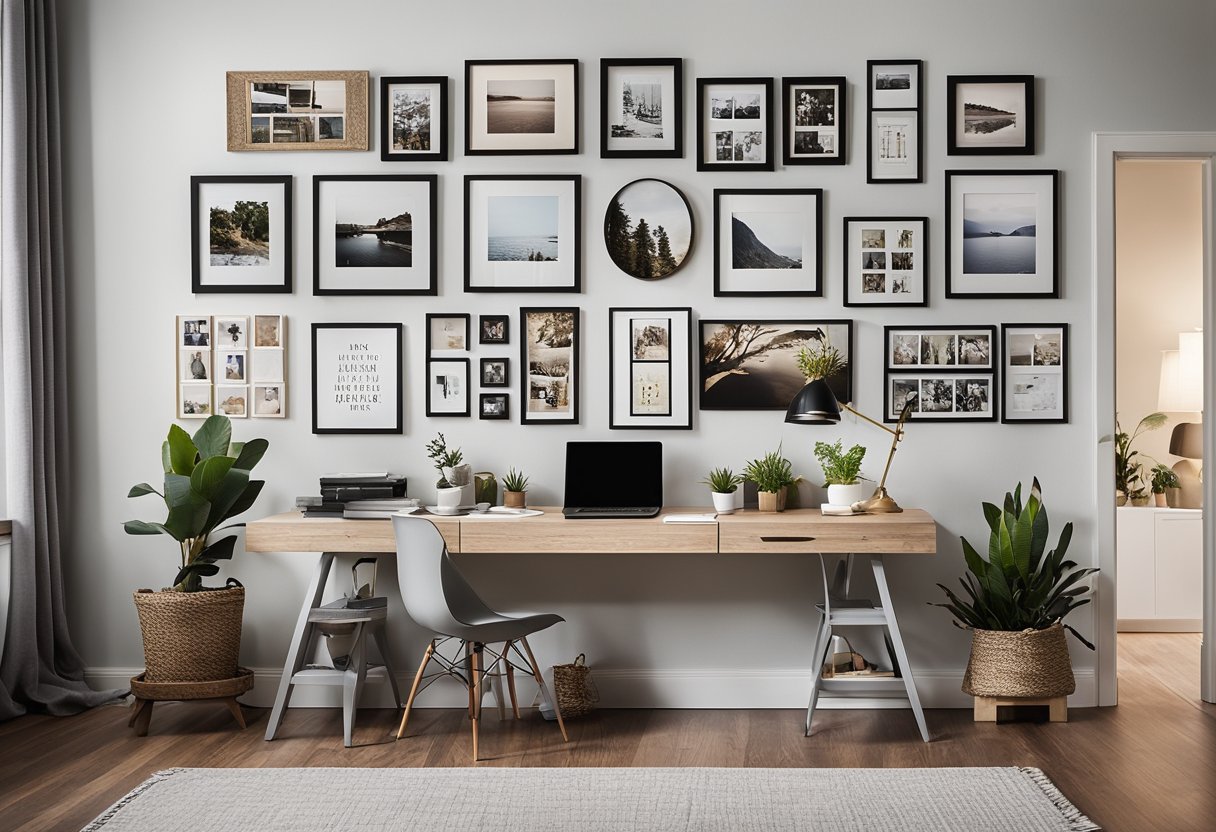 A home office desk with a mix of framed family photos arranged in a gallery wall style. The desk is clutter-free with minimal decor, allowing the photos to be the focal point