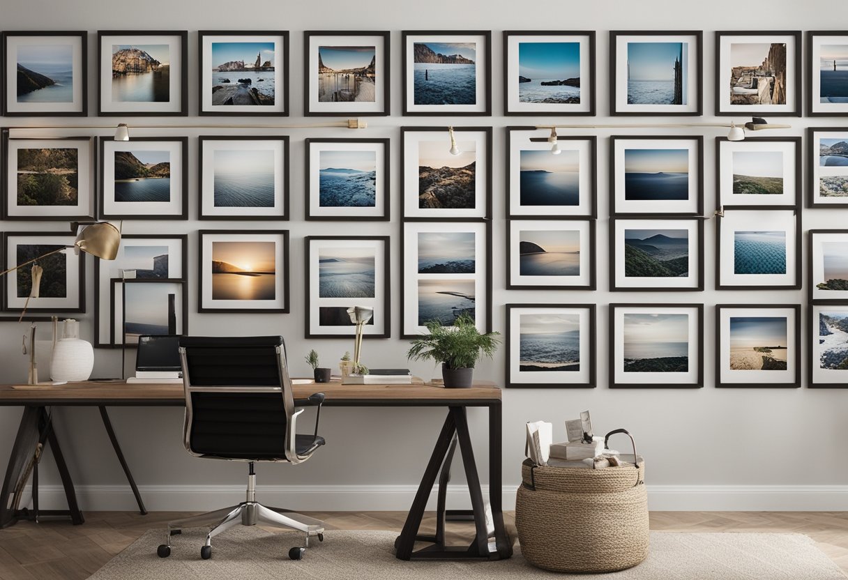 A home office with a gallery wall of family photos, arranged in a grid pattern above the desk. The photos are framed in matching frames and evenly spaced to create a cohesive and visually appealing display