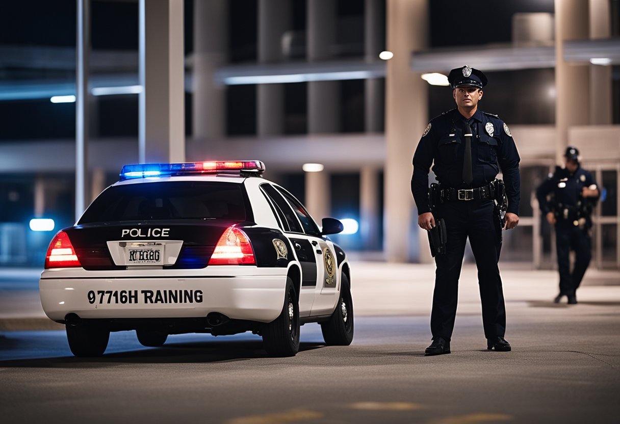 A police car with flashing lights parked outside a station, officers in uniform patrolling the area, and a K-9 unit training in the background