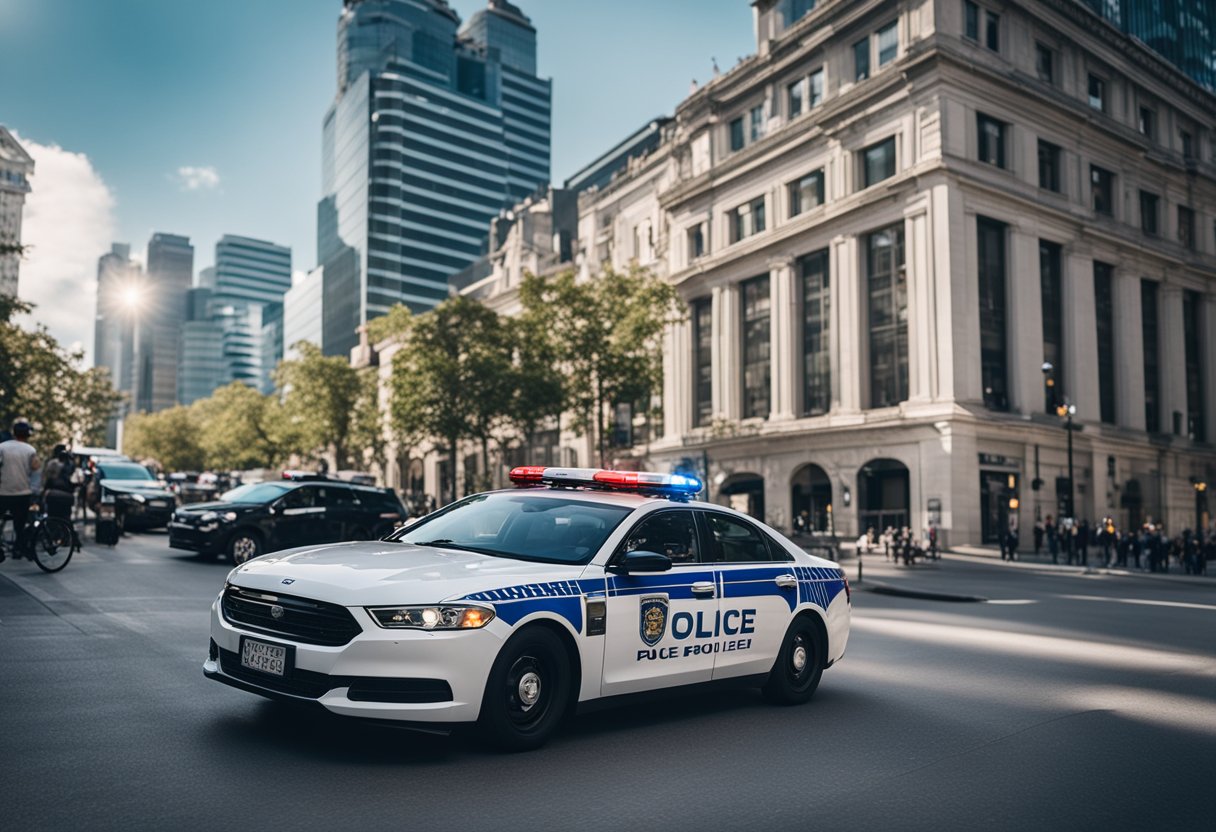 A police car drives down a city street, with officers patrolling on foot. Buildings line the road, with people going about their daily lives