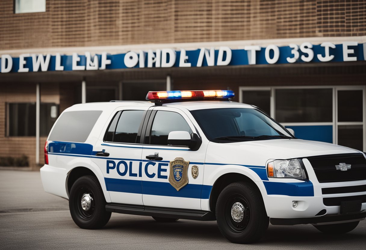 A police officer standing in front of a police station, wearing a uniform and badge, with a patrol car parked nearby. A "Now Hiring" sign is displayed on the building