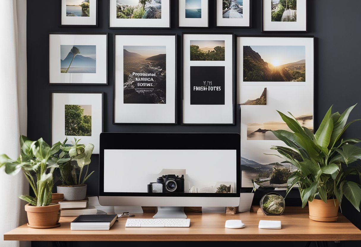 A home office desk with a framed photo collage, a mix of personal and professional images, placed alongside a potted plant and a stack of books