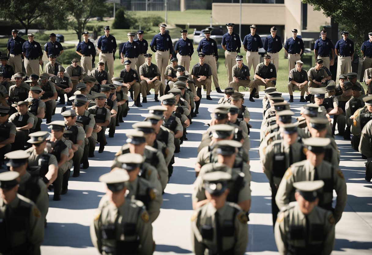 A group of individuals undergo rigorous training at a police academy, while others fill out applications for various law enforcement positions in the USA