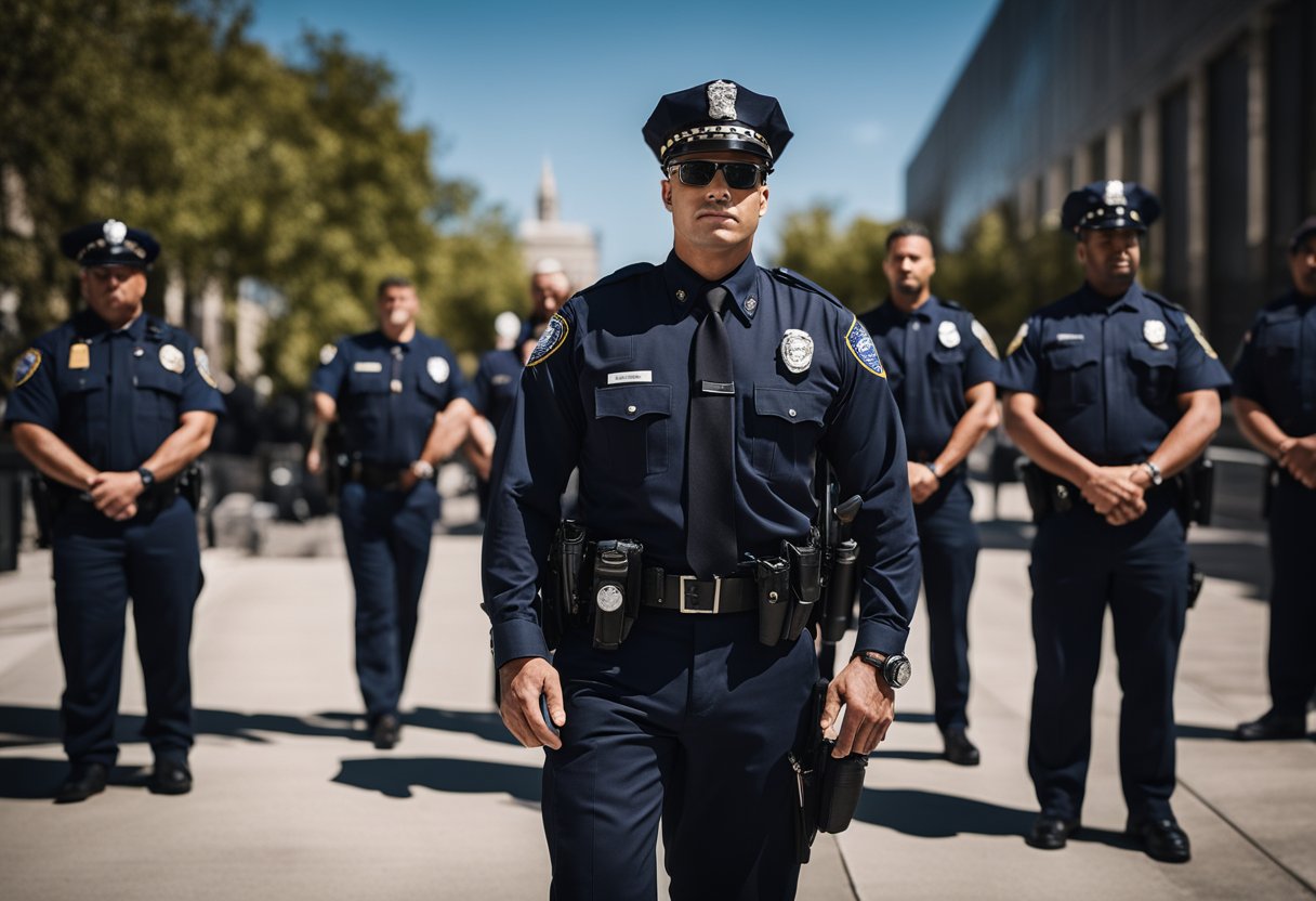 A police officer stands in uniform, surrounded by diverse colleagues, representing various career paths within the USA policing system