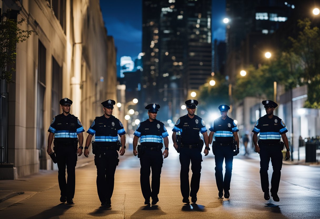 Police officers patrolling city streets at night, facing danger and making split-second decisions. A sense of duty and satisfaction in serving and protecting the community