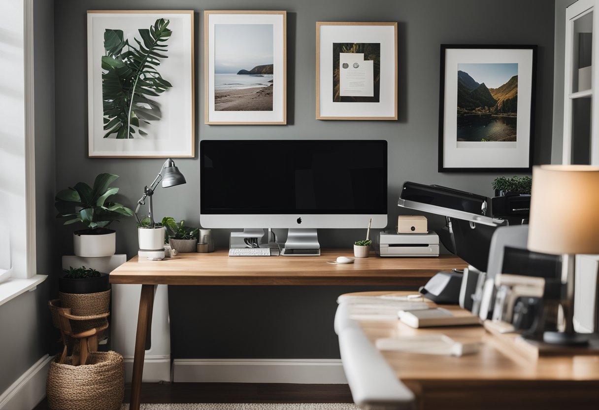 A tidy home office with a desk, computer, and family photos on the wall. A professional and personal touch to the workspace