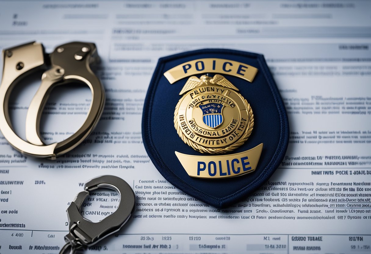 Police badge, handcuffs, and patrol car with "Frequently Asked Questions USA police Jobs" displayed on a computer screen