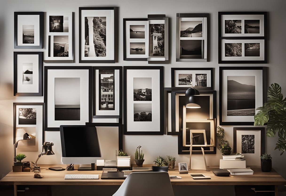 A home office desk with a mix of framed and unframed family photos arranged in a creative and unconventional manner