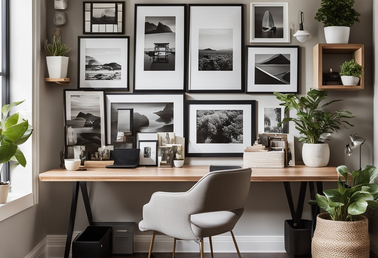 A home office with a sleek desk, modern shelving, and a gallery wall of framed family photos. A cozy rug and potted plants add warmth to the space