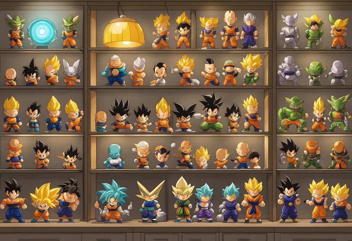 A display of Dragon Ball Z figurines arranged on shelves with spotlights highlighting each character