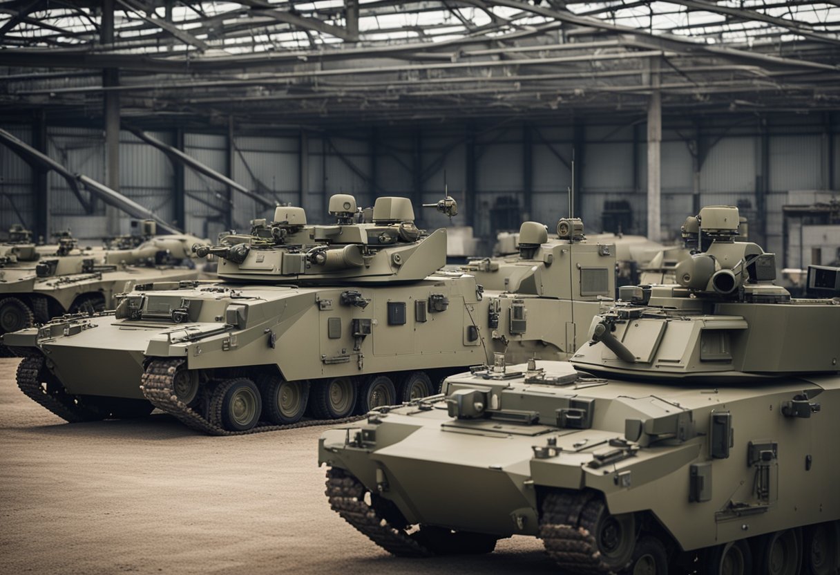 A group of USA Army vehicles and equipment lined up on a military base