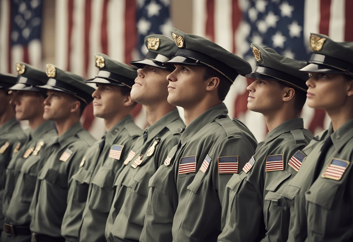 A line of eager recruits waits outside a recruiting office, clutching paperwork and wearing hopeful expressions. The American flag flies proudly in the background