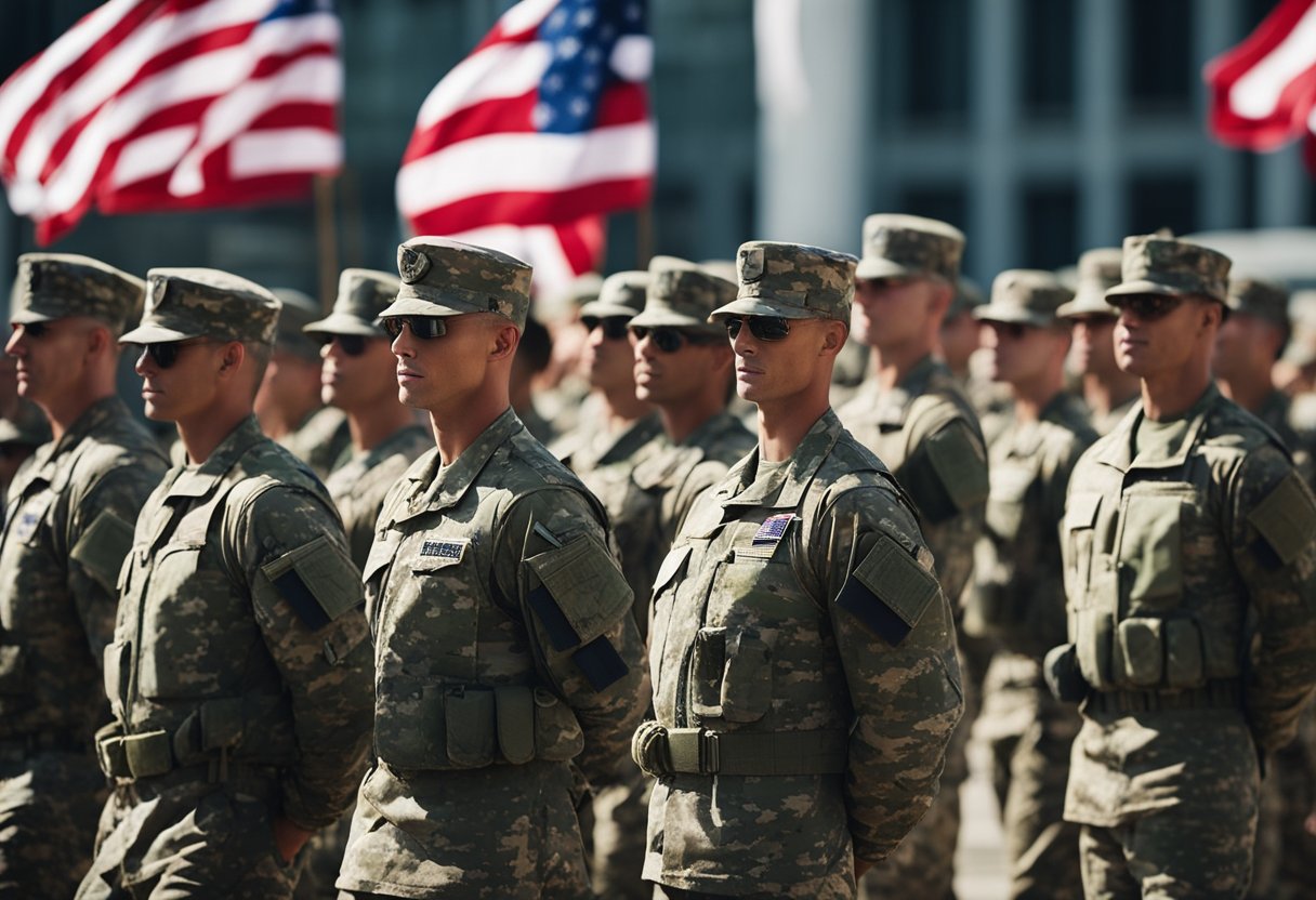 Soldiers in uniform march in formation with American flags. A line of military vehicles and helicopters are parked in the background