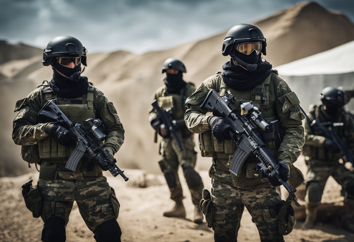 A group of commandos in tactical gear and helmets prepare for a mission, checking weapons and equipment