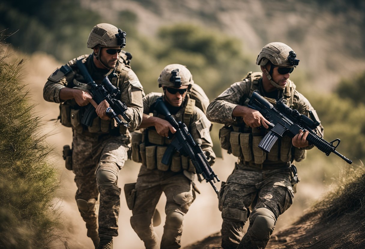 A group of USA commandos in action, equipped with various weapons and gear, conducting a mission in a rugged and hostile environment