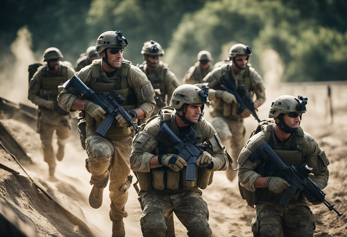 A group of USA commandos in full gear training on an obstacle course, with firearms and tactical equipment