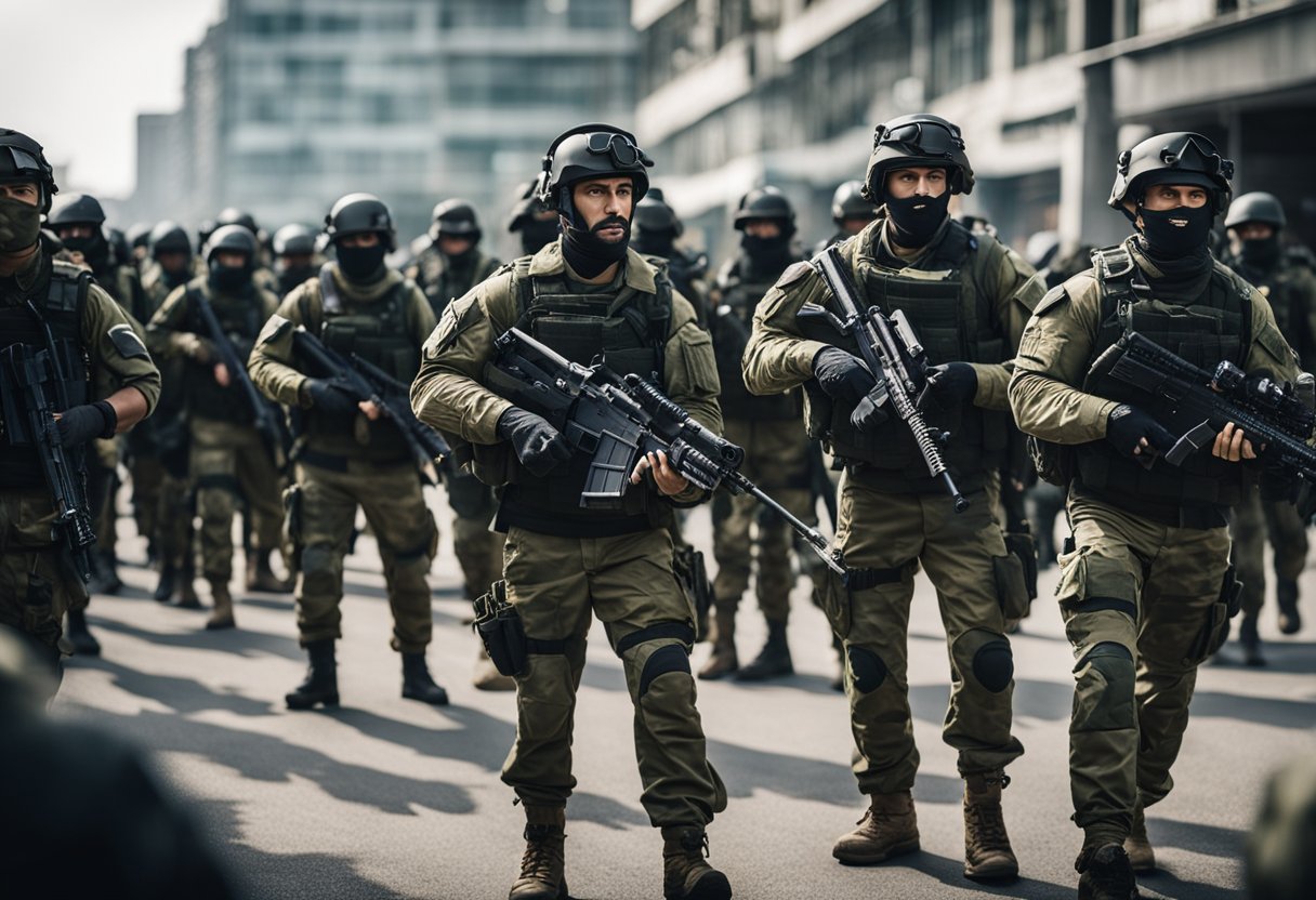 A group of commandos in action, with weapons and gear, surrounded by a crowd of people asking questions