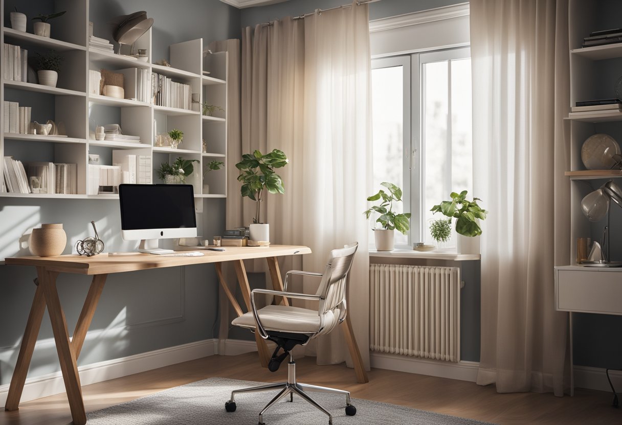A cozy home office with a foldable desk, adjustable shelves, and removable wallpaper. Bright natural light filters through sheer curtains, illuminating a comfortable chair and a rug
