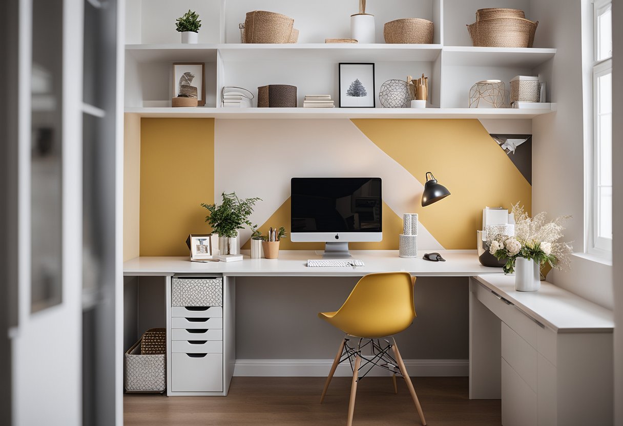 A rented home office with temporary wall treatments like removable wallpaper or decals, and non-permanent decor solutions such as peel-and-stick shelves and wall organizers